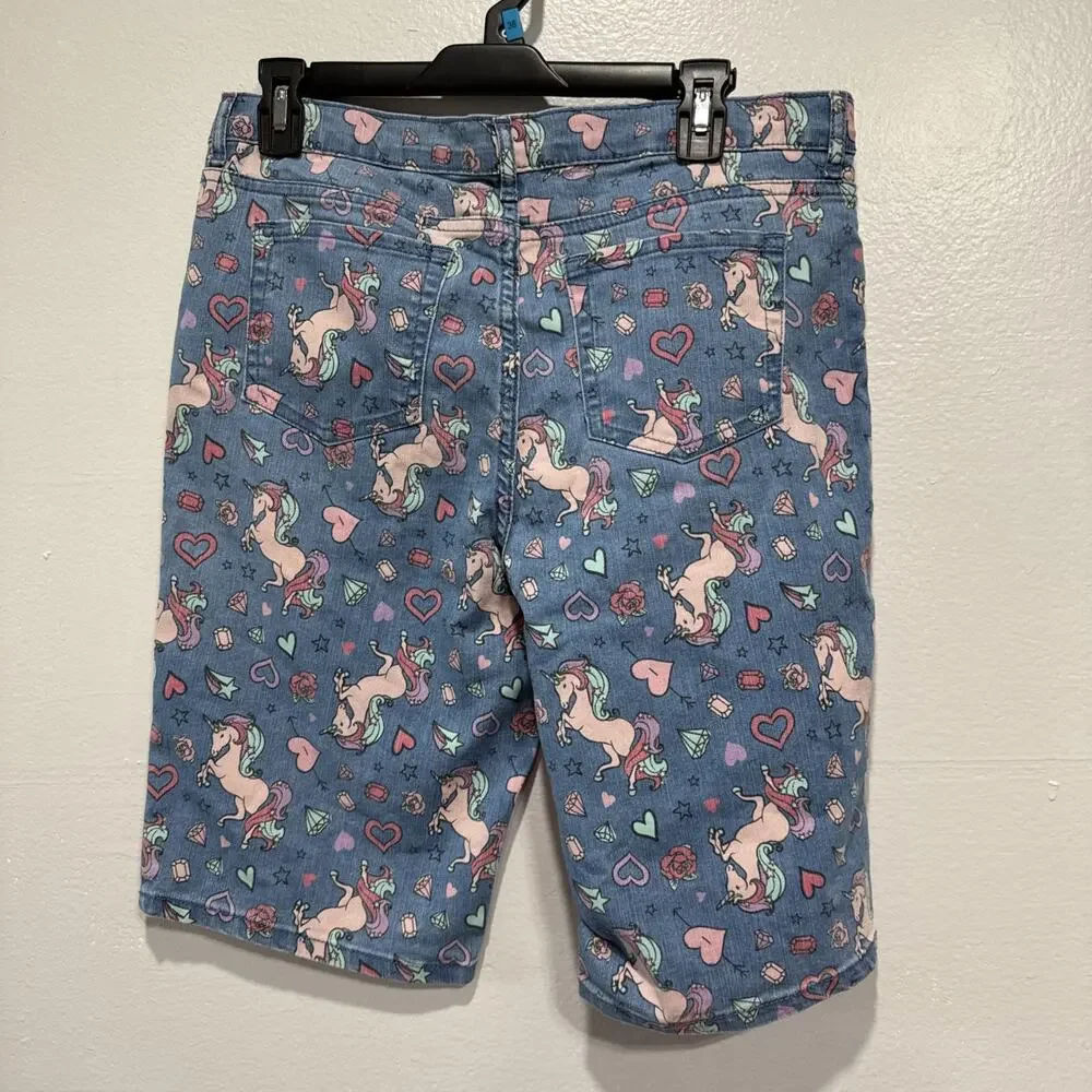 Place Girls Unicorn Graffiti Print Denim Jean Bermuda Shorts Size 16 Plus Casual